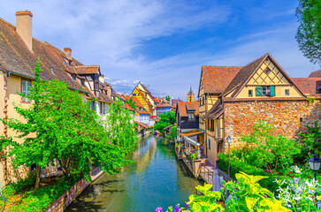 Old town Colmar city historic centre with Little Venice la Petite Venise area, old houses medieval...