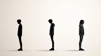 Silhouettes of people in a line against bright backdrop, study in contrast and human form