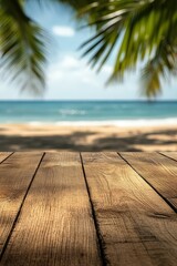 Fototapeta premium Wooden table overlooking a tranquil beach with palm trees in the background