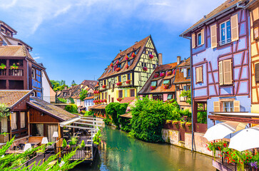 Little Venice la Petite Venise in old town Colmar city historic centre with old colorful houses...