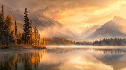 Tableau sur aluminium  Serene Autumn Sunrise over Misty Mountain Lake  © Sittichai