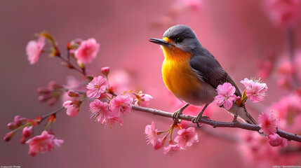 Woodpecker sitting on branch of blossom cherry tree. The blue tit