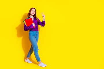 Full length photo of lovely young lady copybooks walk show v-sign dressed stylish violet garment isolated on yellow color background