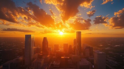 Fototapeta premium A captivating photo of the sun setting between modern skyscrapers, with a clear sky and scattered clouds illuminated by the sunset, creating a breathtaking contrast with the darkened buildings.
