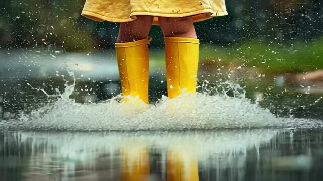 Feet of child in yellow rubber boots jumping over a puddle in the rain
