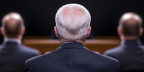 A group of people seated in a formal setting, with a focus on the back of one individual's head. Concept Formal Gathering, Group Dynamics, Back View Perspective, Focus on Individual