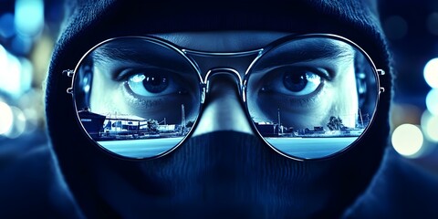 A close-up of a person wearing glasses and a mask, with reflections of buildings and lights visible in the lenses. Concept Close-Up Photography, Reflections in Glasses, Urban Nightlife