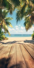 Fototapeta premium Serene tropical beach view with palm trees and wooden deck