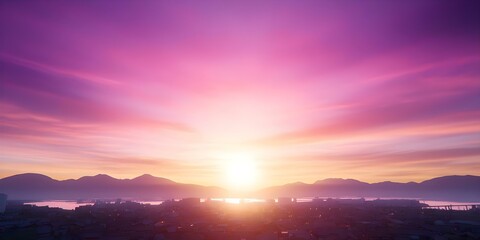Fototapeta premium A vibrant sunset over mountains and a cityscape, with colorful skies blending pink, purple, and orange hues. Concept Sunset Photography, Mountain Silhouettes, Cityscape Views, Colorful Skies
