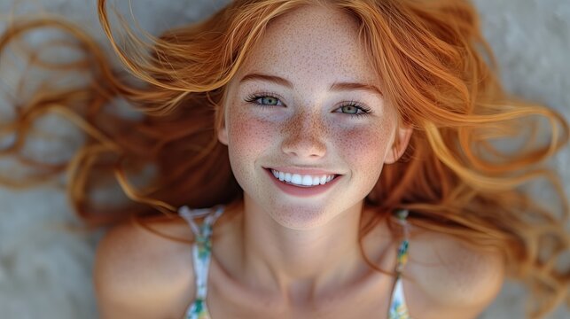 A ginger joyful young woman with a radiant smile, wearing a summer dress