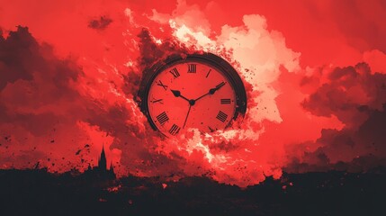 A clock explodes in a fiery red apocalyptic sky