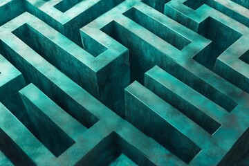 A stunning, mazelike artwork in vibrant turquoise, showcasing intricate patterns and geometric shapes that evoke a deep sense of curiosity and a thrilling sense of adventure in its viewers