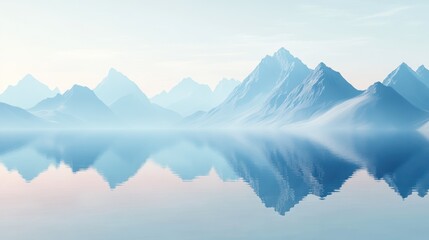 Misty mountain lake reflection, serene dawn landscape, digital art, website banner
