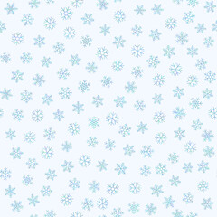 Falling snowflakes. Seamless vector illustration of randomly swirling snowflakes. Different shades of blue for each snowflake creating beautiful winter effect. Christmas and New year background.