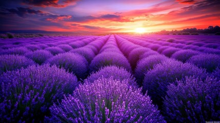 Obraz premium Lavender Fields at Sunset: A Serene and Vibrant Landscape