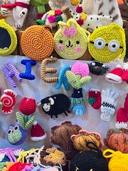 Crocheted dolls are on display.