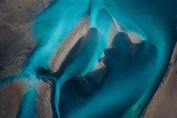 Aerial view of braided river in Icelandic landscape