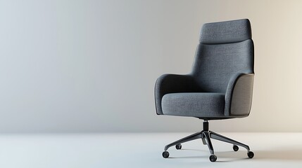 A black chair with a grey pattern sits in front of a white wall