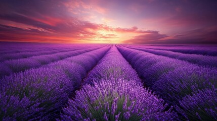 Fototapeta premium Lavender Fields at Sunset: A Serene and Romantic Landscape