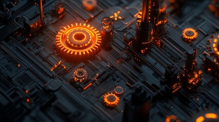 Black background with glowing cogwheels and an industrial factory icon