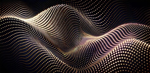 Fototapeta premium Abstract colorful wave pattern with shimmering golden dots against a dark background