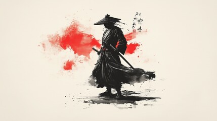 Samurai with a sword on a white background.
