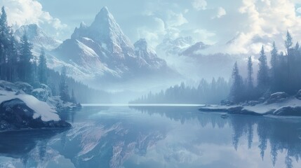 Naklejka premium Snowy mountain lake winter landscape, serene reflection, background clouds, game design
