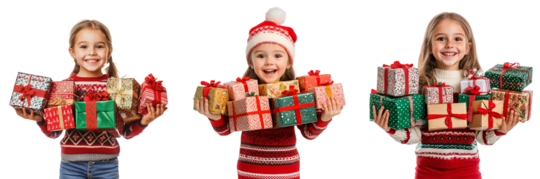 Set of A joyful toddler wearing a plush Santa hat, playing in a snowy park on transparent png background - Powered by Adobe