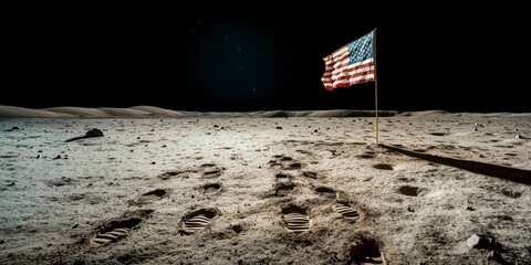 Historic footprints on the lunar surface alongside a waving flag display the achievement of humankind in space exploration. Generative AI