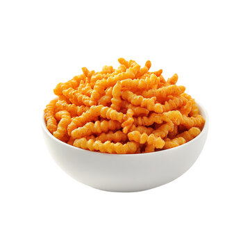 Fresh kurkure snacks in a white bowl isolated on a transparent background, in PNG format