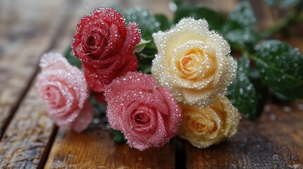 A dewy rose bouquet with multiple colors
