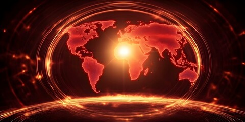 A digital representation of a world map with glowing red elements and a bright light source, creating a futuristic effect. Concept Futuristic World Map, Glowing Red Elements, Bright Light Source