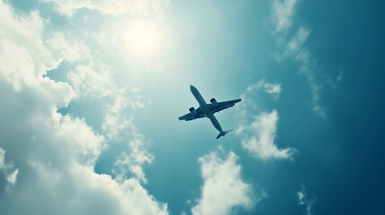 Bottom view of a flying airplane against a blue cloudy sky.