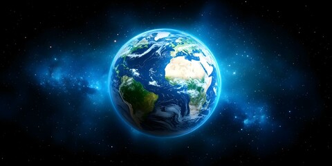 Fototapeta premium A vivid depiction of Earth from space, showcasing its continents and oceans surrounded by a starry backdrop. Concept Earth from Space, Stunning Planetary View, Starry Backdrop