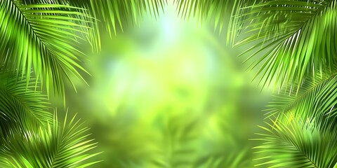 A blurred green background framed by vibrant palm leaves, creating a tropical, lush atmosphere. Concept Tropical Vibes, Lush Greenery, Blurred Background, Vibrant Palm Leaves, Nature-Inspired Setting
