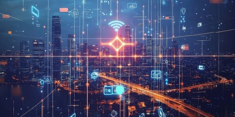 Fototapeta premium A vibrant digital hologram showing an advanced 5G network and IoT icons overlaying a bustling cityscape, highlighting modern technology and how connectivity is transforming urban life