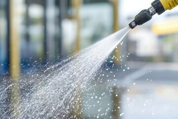 Cleaning action with water spray industrial location photography outdoor environment close-up viewpoint maintenance concept