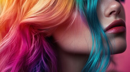 Stunning Close-Up of a Model with Vibrant Rainbow Hair and Charming Lips Captured Against a Soft Pink Background, Perfect for Beauty and Fashion Themes