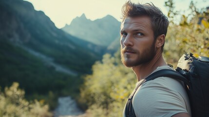 Obraz premium Handsome man traveler. Tourist.