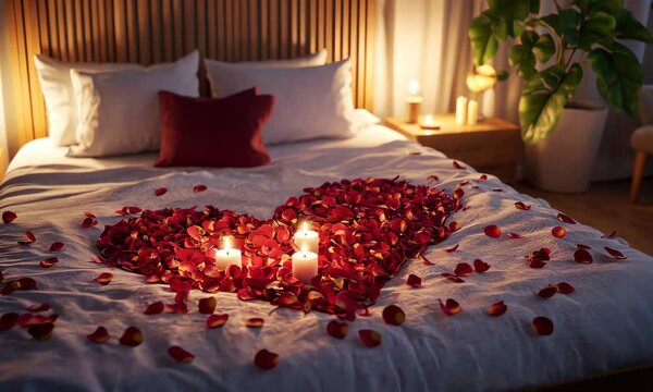 Romantic bed setup with heart-shaped pillows, rose petals arranged in a heart on white linens, and glowing candles