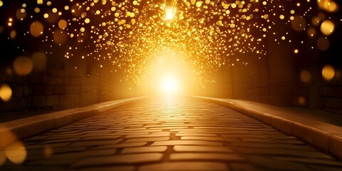 A cobblestone path leads toward a bright light, surrounded by glowing orbs or particles creating a magical atmosphere. Concept Magical Pathway, Glowing Orbs, Enchanted Atmosphere, Mystical Light