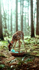 Obraz premium Baby deer explores a basket of colorful Easter eggs in a serene forest clearing during golden hour