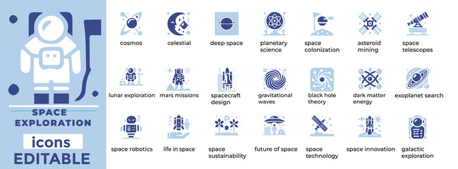 Space Exploration Icon Set  Editable icons for rockets, satellites, astronomy, planets, space tech, and innovation