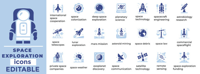 Space Exploration Icon Set  Editable icons for rockets, satellites, astronomy, planets, space tech, and innovation © PrimateIT