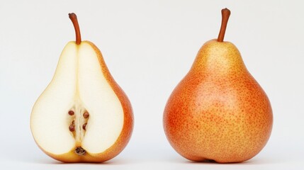 A Detailed Look at Two Pears: One Whole and One Halved, Revealing Its Juicy Interior and Seed Structure