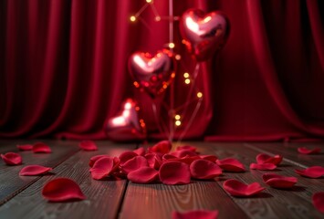 Rose Petals and Hearts. Red heart-shaped decorations with string lights against red velvet curtain background with scattered rose petals on wooden surface.