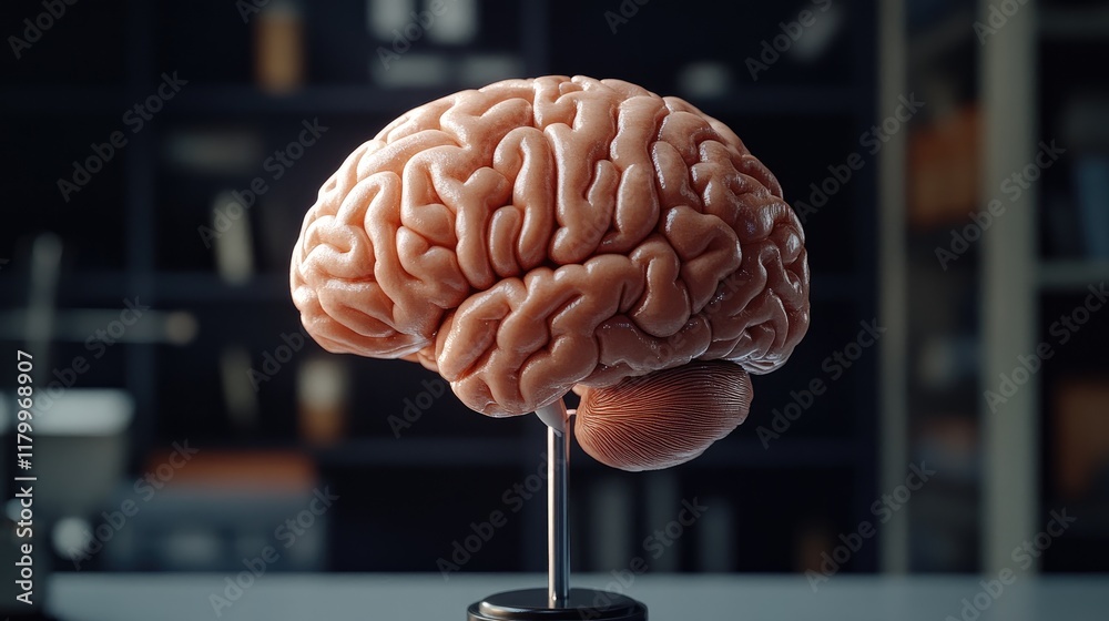 Poster a high-quality shot of a d printed brain model with realistic texture and detail, positioned on a st