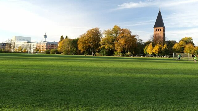 View of a football field in the city. training on the field