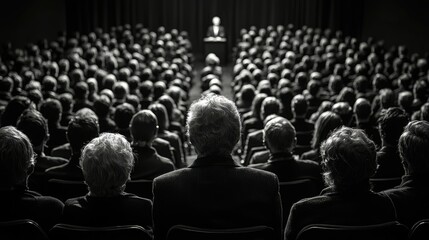 Obraz premium A monochrome photo of an audience captivated by a speaker at a conference.