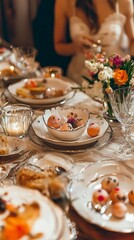 Elegant Easter table setting featuring fresh flowers, candles, and painted eggs in a rustic style with soft natural light